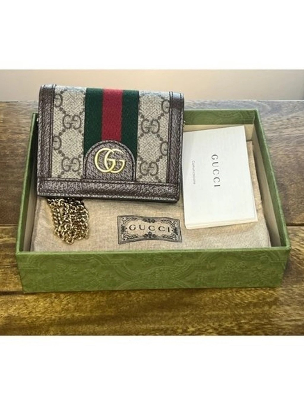 Gucci Gg Supreme Mini Wallet Withchain - Beige, Green & Red